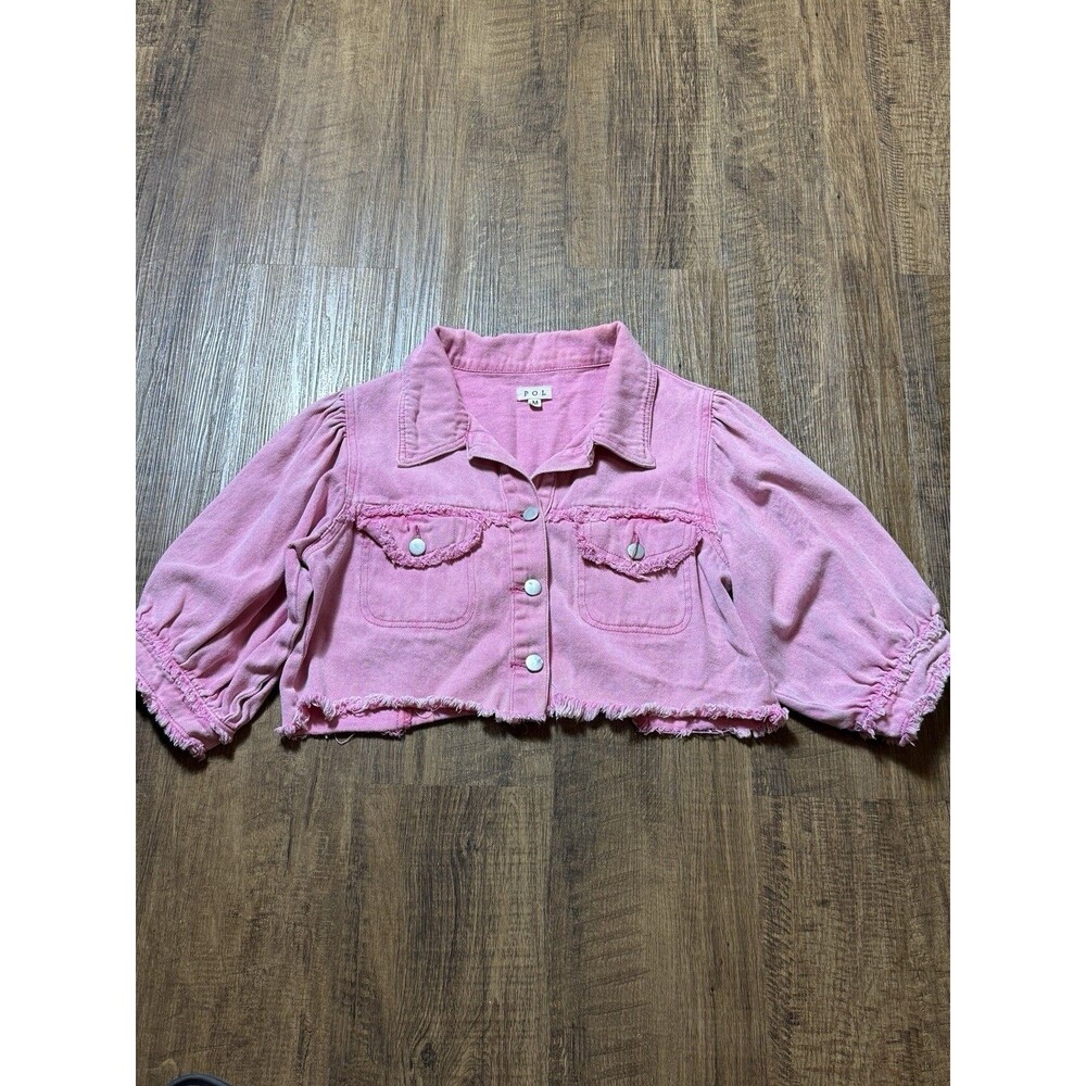 Pol Jacket Womens Medium Pink Lt Denim Distressed Raw Edge Crop Shacket Pockets